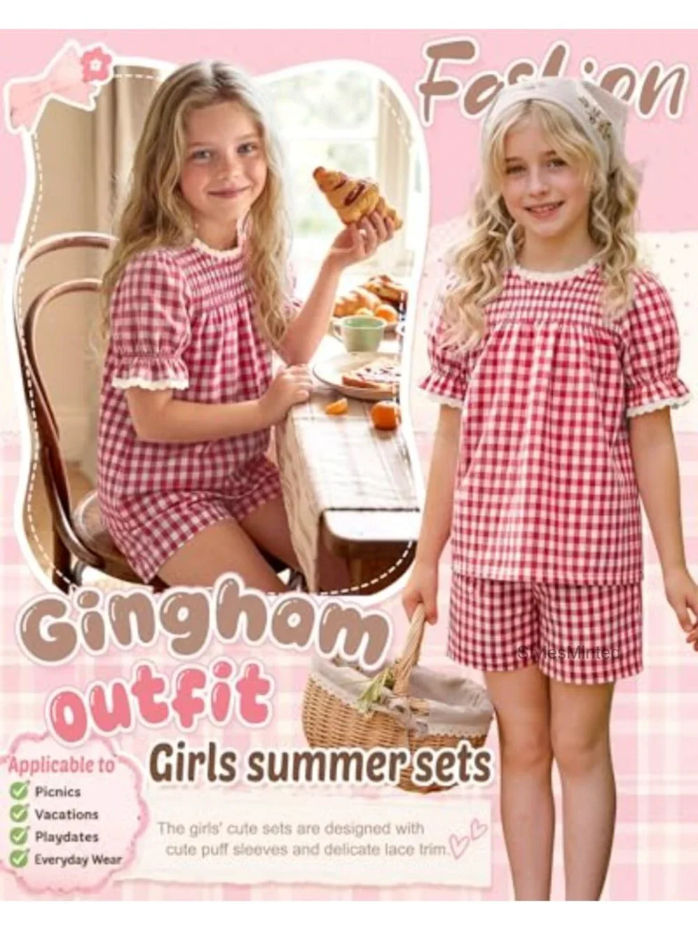 Girls 2 Piece Gingham Short Set with Puff Sleeves and Lace Trim